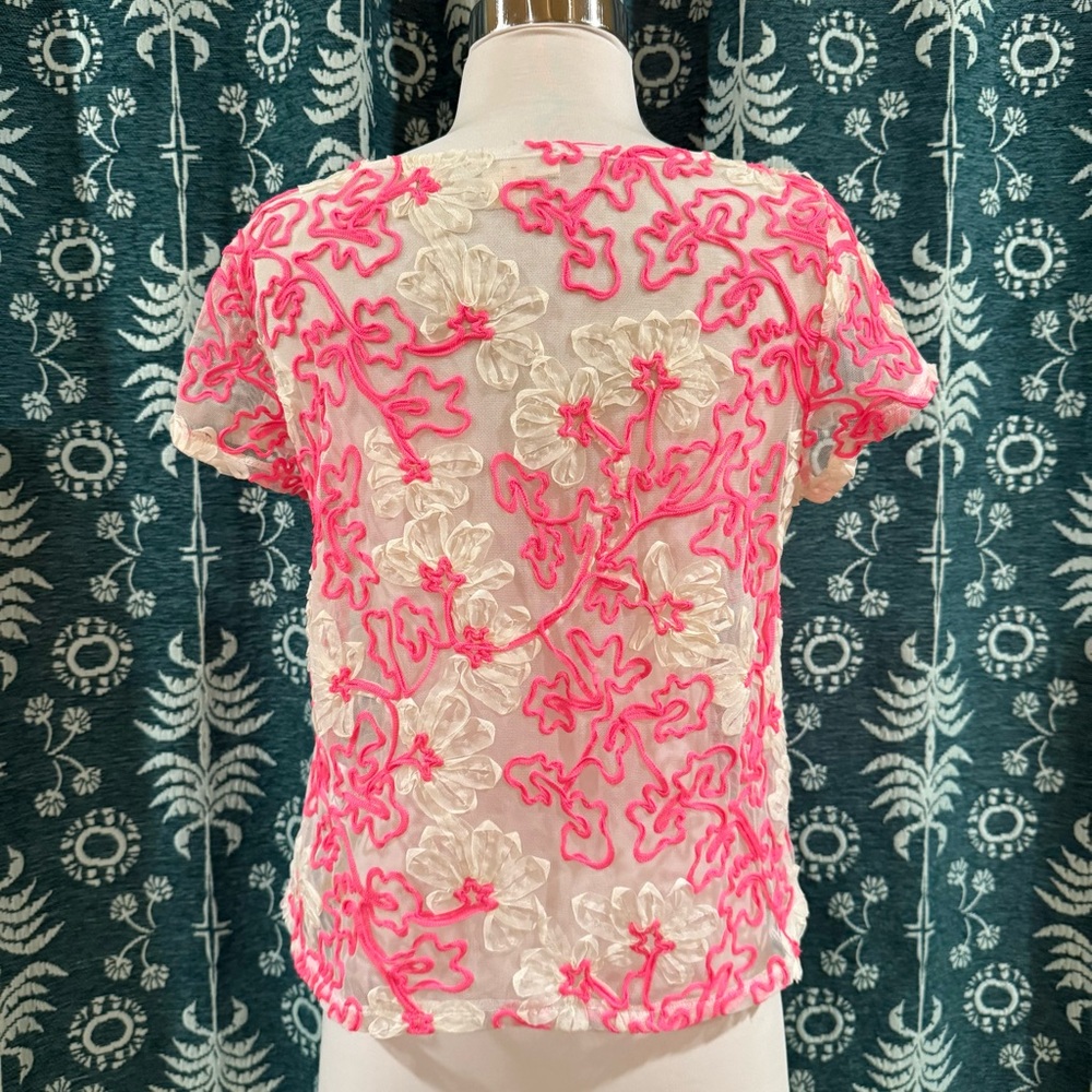 Anthropologie Meadow Rue Cherry Blossom Pink Ribbon Mesh Women's Top Size XS - Picture 3 of 9